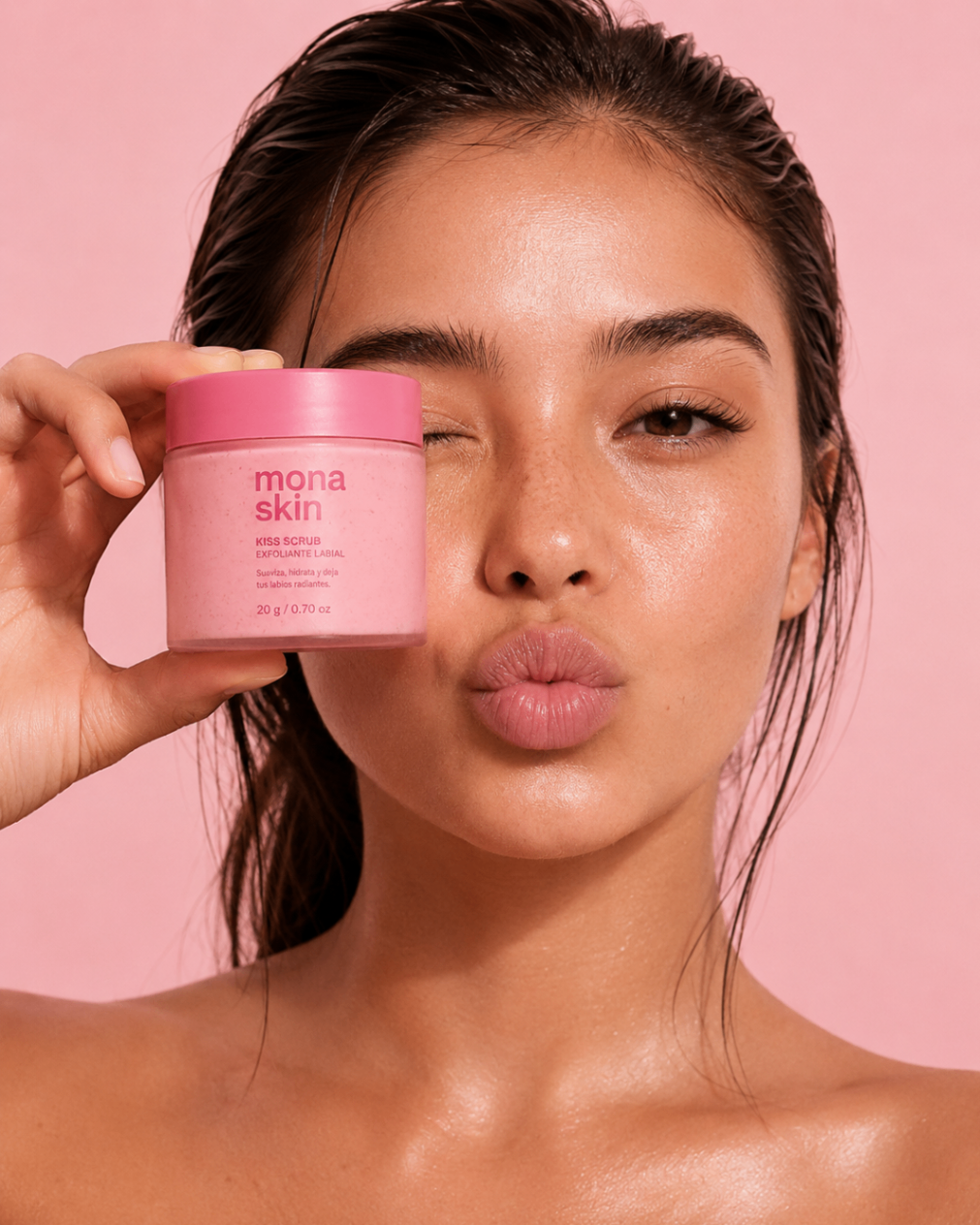 Modelo sosteniendo el exfoliante labial Mona Skin